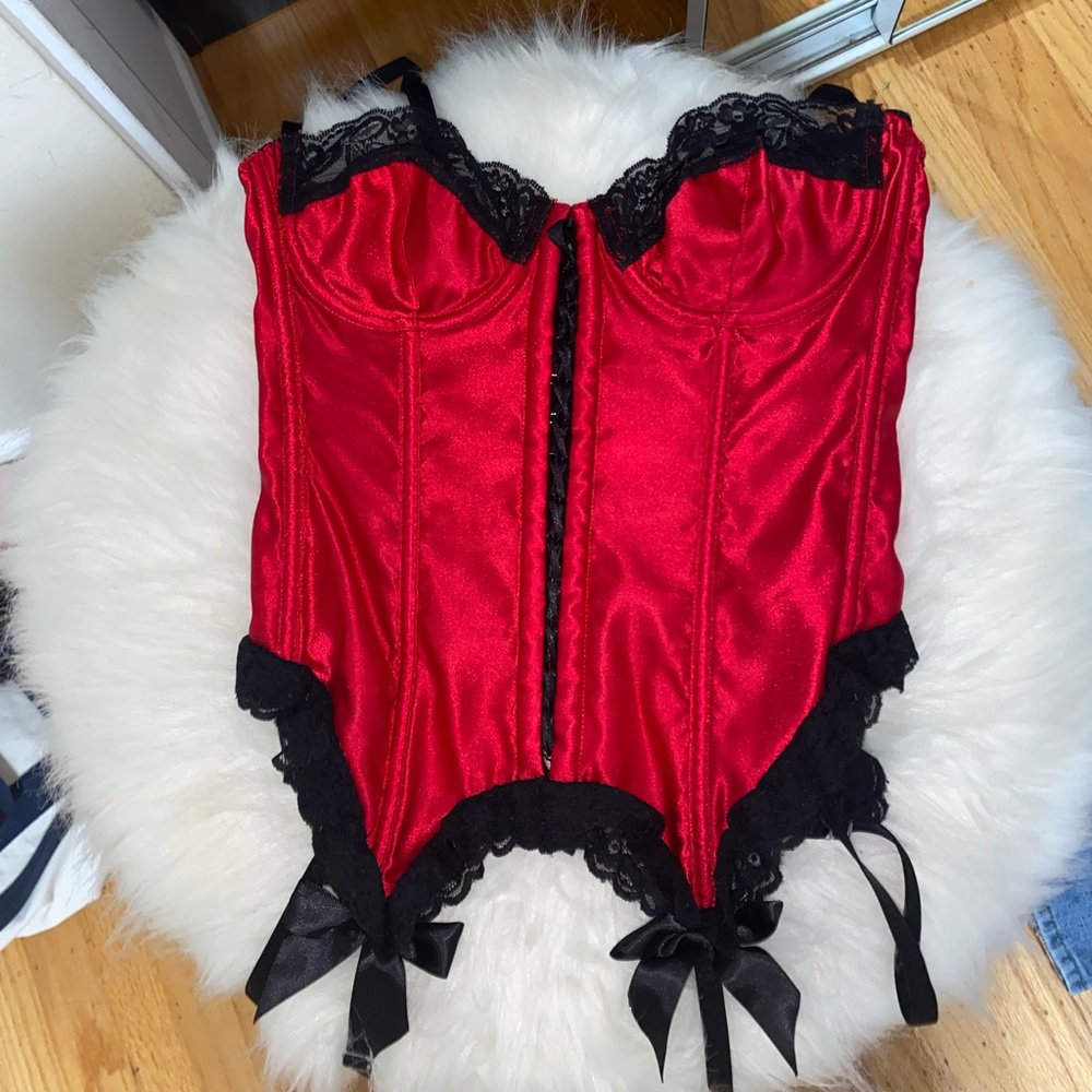 fredericks of Hollywood red and black satin lace corset